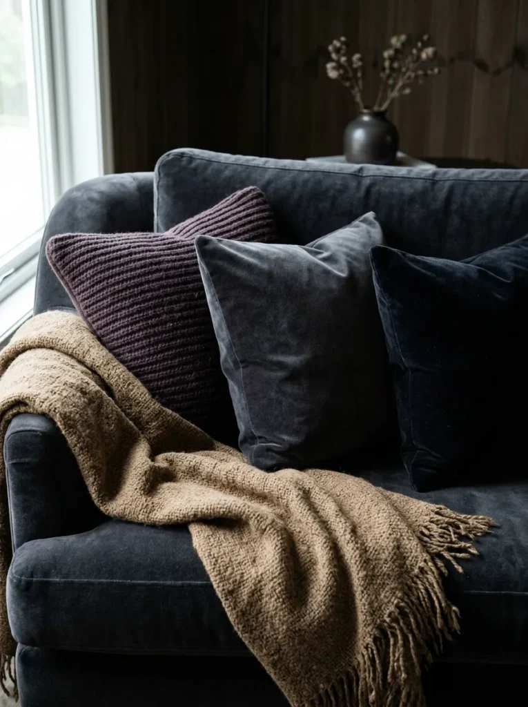 Dark sofa with layered cushions in charcoal velvet, plum ribbed knit, and near-black velvet, with a camel wool throw draped over the arm
