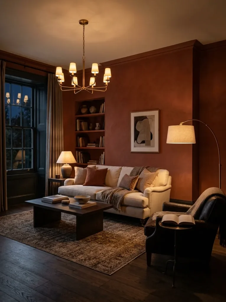  Luxury living room at evening with three light sources dimmed to warm evening mode