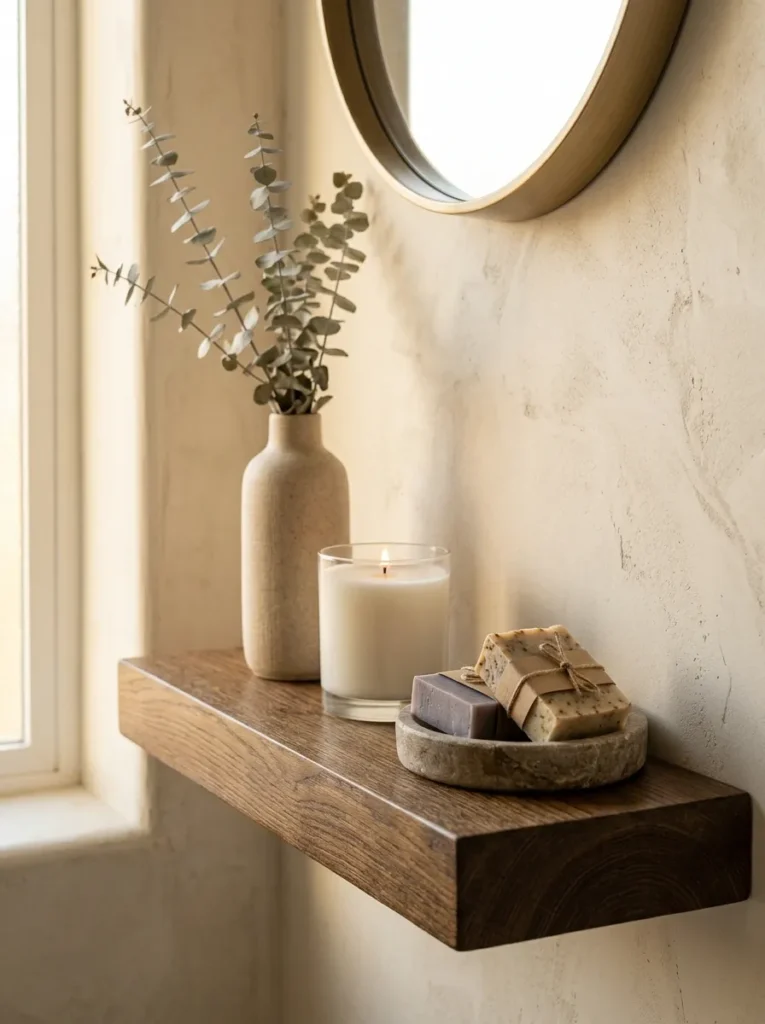 Oak bathroom shelf with items arranged at varying heights including a tall vase, candle, and stone soap dish

