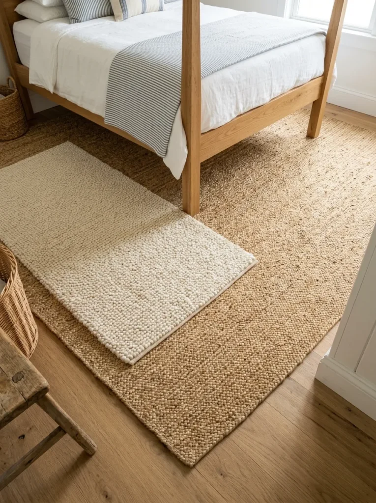 Layered jute and soft cotton loop rugs on a coastal bedroom floor extending well beyond the bed on all sides
