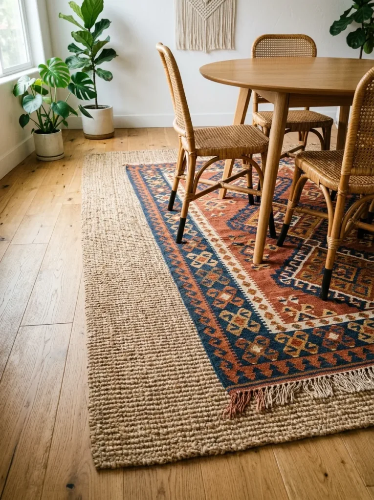 Layered jute base rug and smaller kilim rug in terracotta geometric pattern under a boho dining table, both edges visible
