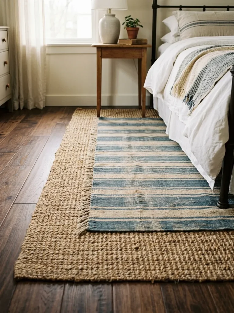 Layered rugs in a farmhouse bedroom — a large jute base rug with a smaller vintage wool stripe rug at the bedside on dark walnut floors
