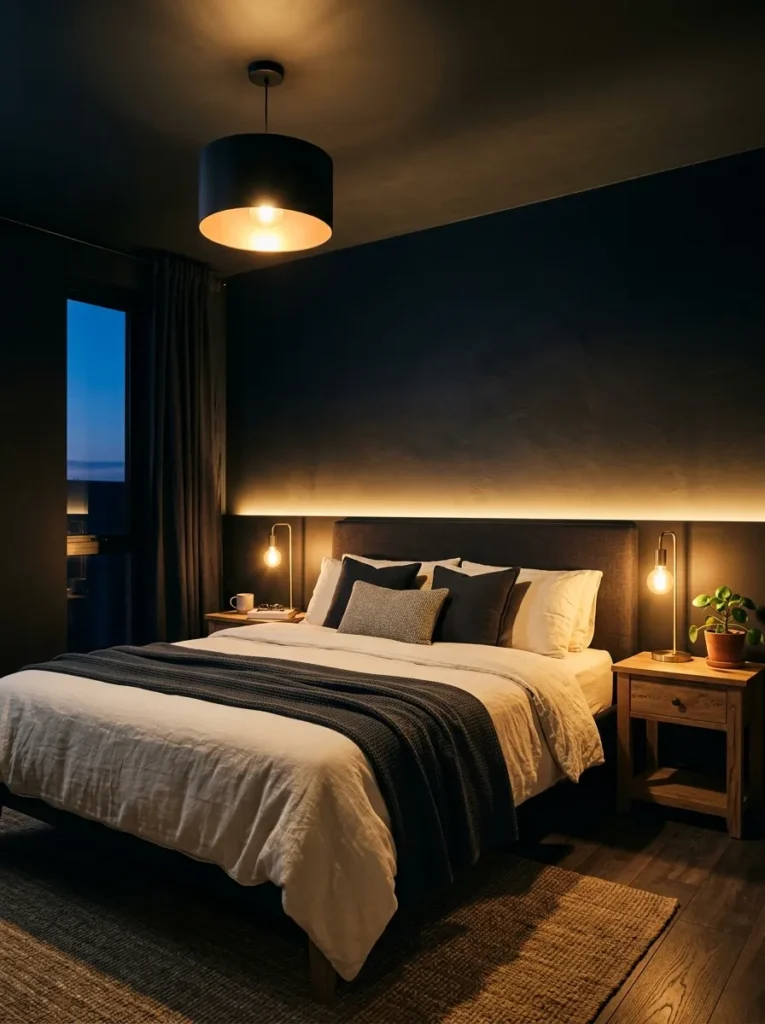 Black bedroom at dusk with layered lighting from a drum pendant, brass bedside lamps, and a subtle LED strip
