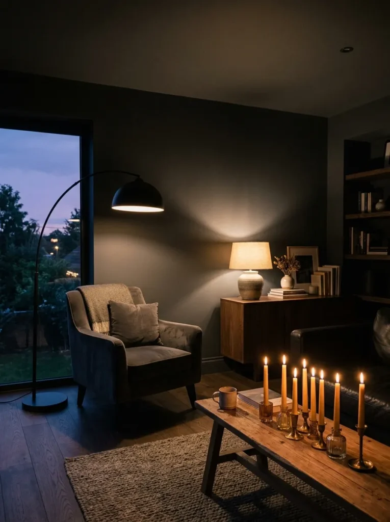 Dark living room at dusk with three separate light sources — floor lamp, table lamp, and candles — creating layered warm pools of light
