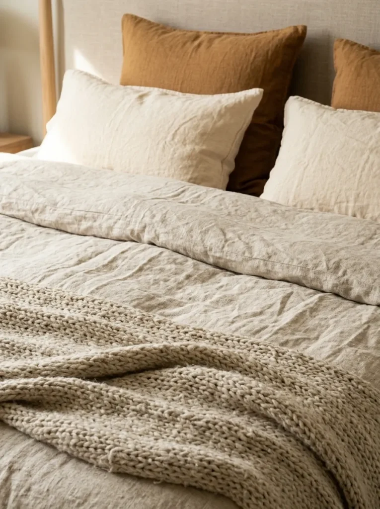 Beige bedroom bed with layered linen bedding in natural undyed, oatmeal knit, and caramel tones showing texture variation

