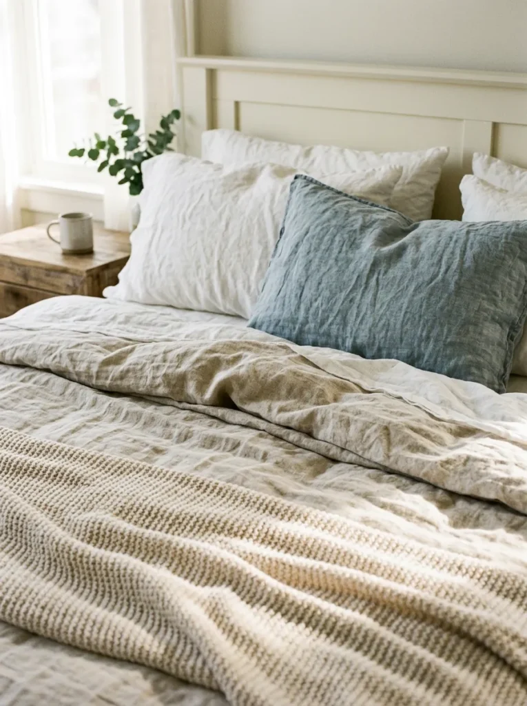 Coastal bed with layered washed linen in natural undyed, soft white, and faded blue-grey with a loosely draped knit throw
