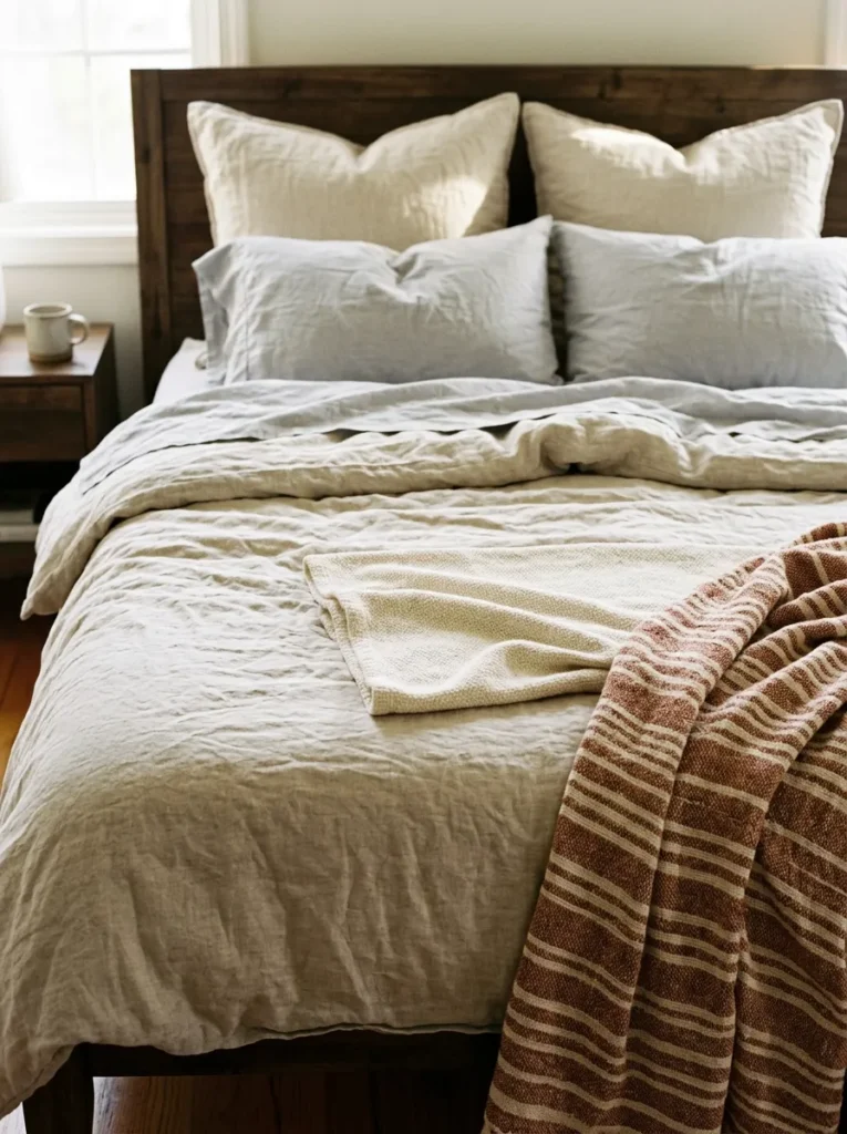 Layered farmhouse bed with oatmeal linen duvet, cream blanket, euro shams, and a rust-striped woven throw
