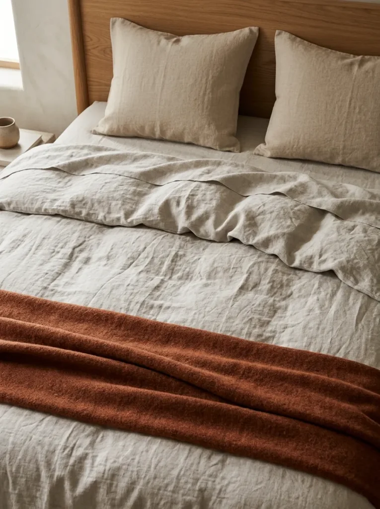Layered washed linen bedding in pale stone with a folded terracotta wool throw at the foot of the bed, natural light from the side