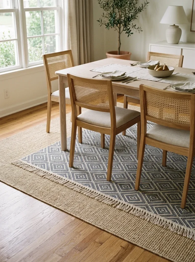 Dining room floor showing a layered rug arrangement with a natural sisal base rug and a smaller navy and cream geometric flat-weave rug centered on top beneath a pale oak table
