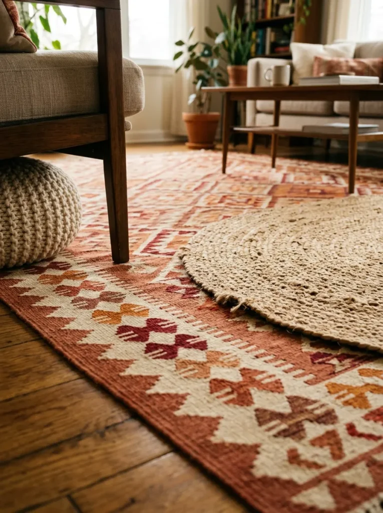 Layered living room rugs with a natural jute rug offset on top of a larger terracotta flat-weave kilim