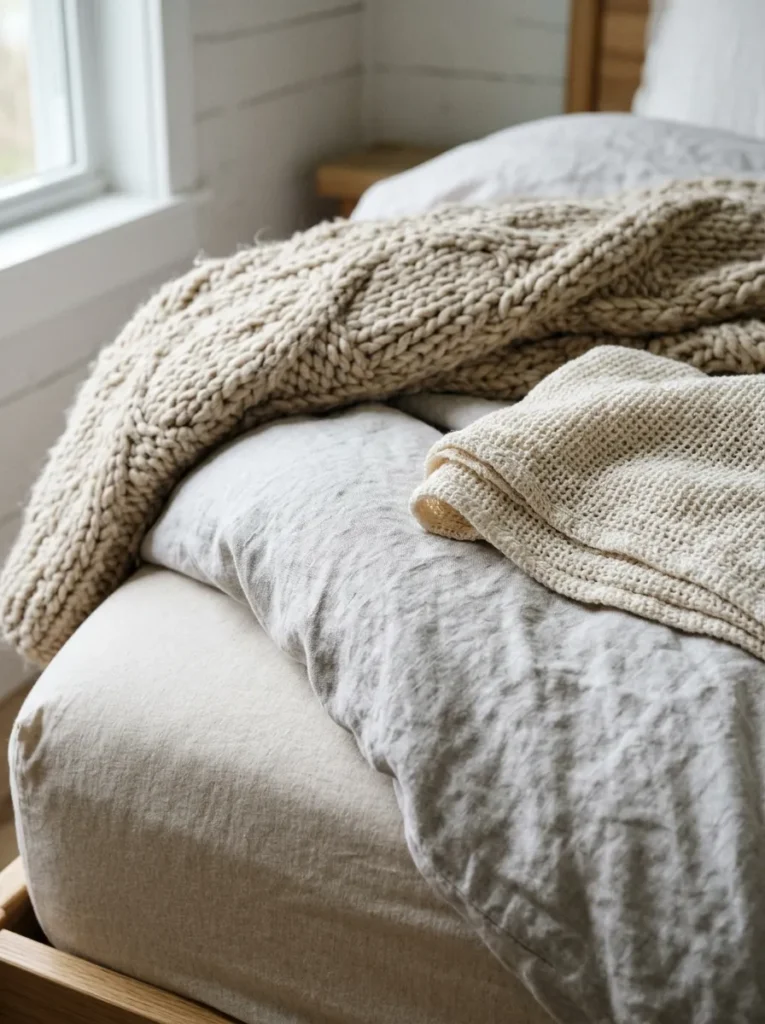 Close detail of coastal bed corner showing four textile textures — linen, cotton, woven blanket, and knit throw — in natural white and oatmeal tones
