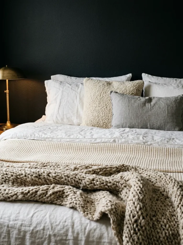Richly layered white, cream, and grey bedding with varied textures against a matte black bedroom wall
