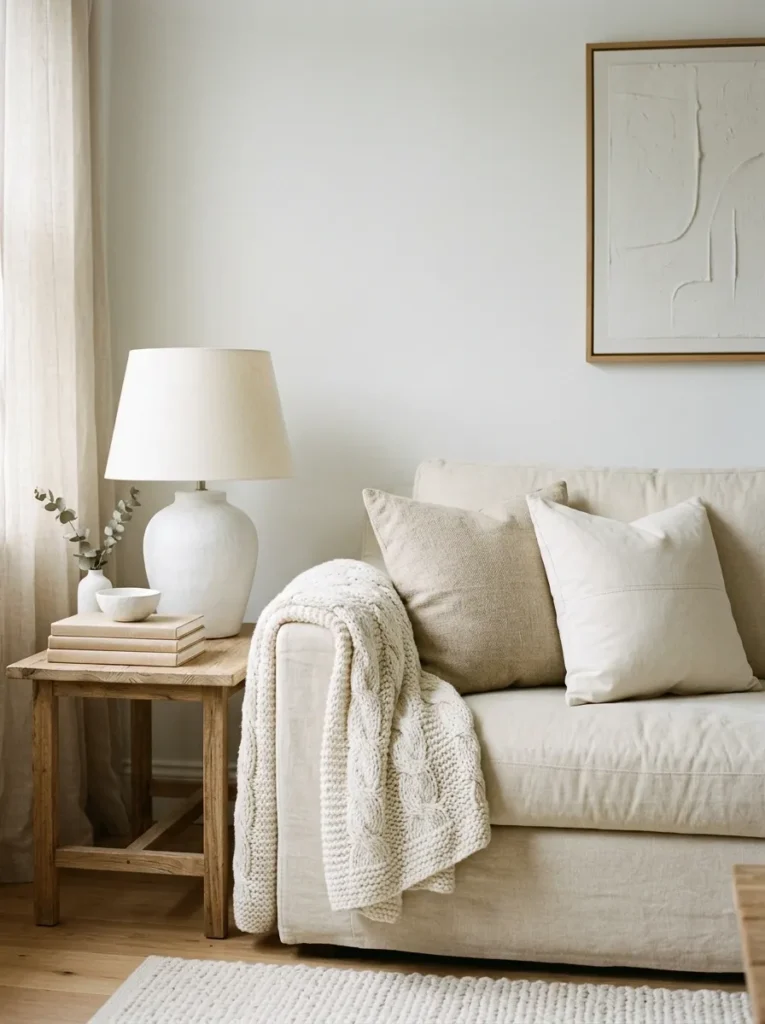 White living room sofa corner with deliberately varied whites — cream linen sofa, ivory cushions, natural throw, and pale wall in different tones
