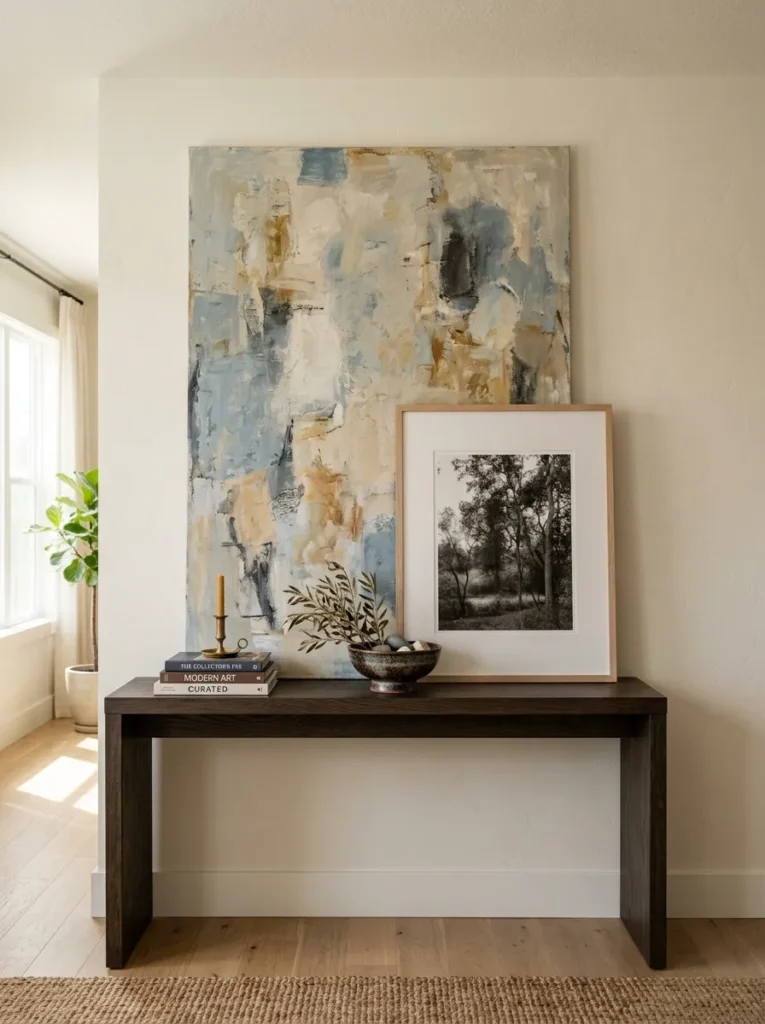 Large canvas painting leaned against the wall on a smoked oak console table with a smaller print propped in front of it
