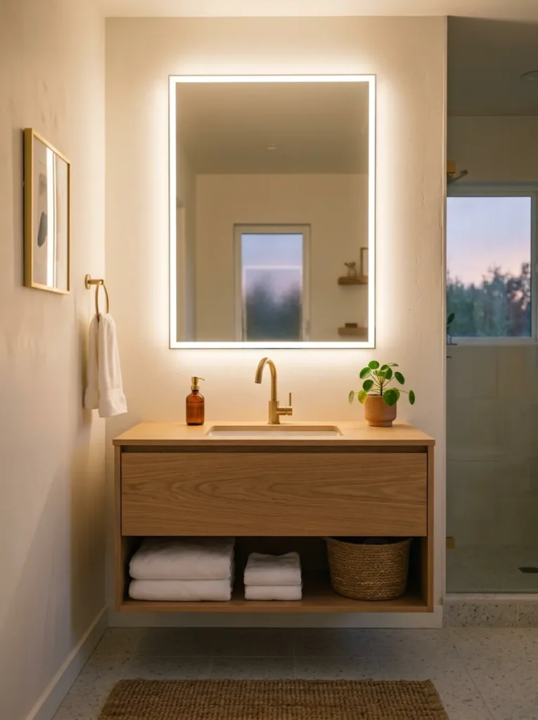 Rectangular mirror with integrated LED surround lighting above a light oak vanity with brushed gold faucet
