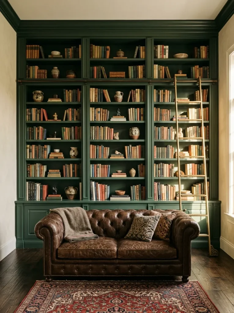 Floor-to-ceiling built-in bookshelves painted in deep forest green with a library ladder