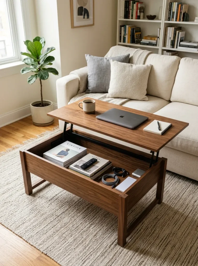 Walnut lift-top coffee table in the raised position showing interior storage compartment in a small apartment living room