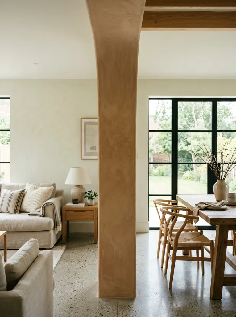 Lime plaster-wrapped structural column marking the transition between living and dining zones in an open-plan space
