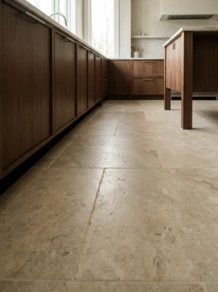 Large-format limestone floor tiles running continuously beneath kitchen cabinetry base, viewed at floor level showing the uninterrupted tile plane