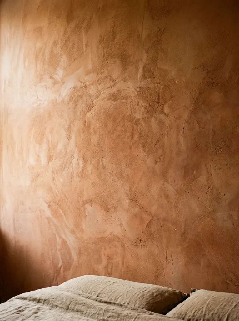 Limewash bedroom wall in warm clay tone with natural tonal variation and texture visible under raking daylight