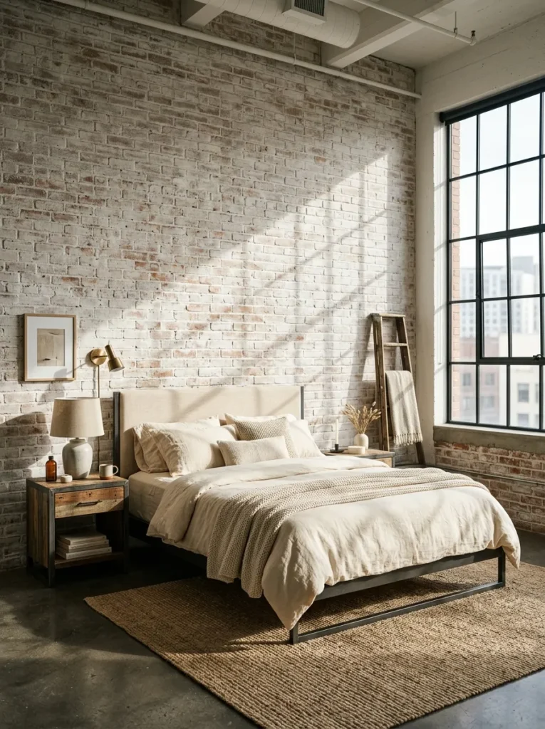  Exposed brick accent wall covered in white limewash behind a bed in a warm earthy bedroom