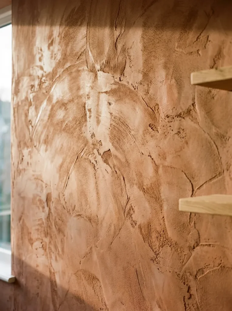 Limewash wall in warm clay tone showing trowel-mark texture and tonal variation in raking afternoon light, with a shelf partially visible at the frame edge