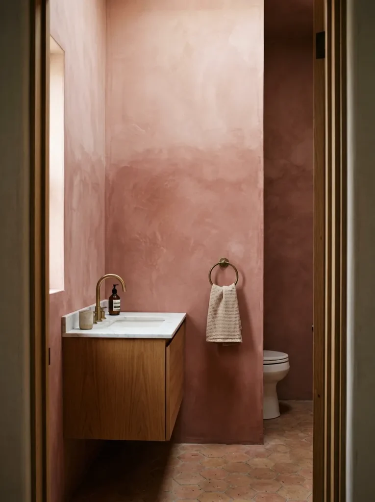 Bathroom with dusty rose limewash walls as the primary decor, a white undermount sink, and a single brass towel ring — no art on any surface
