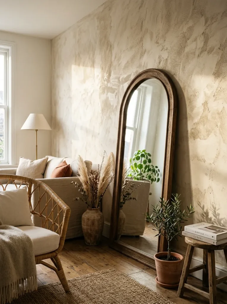Warm white limewash feature wall showing layered tonal texture with directional afternoon light and leaning arched mirror