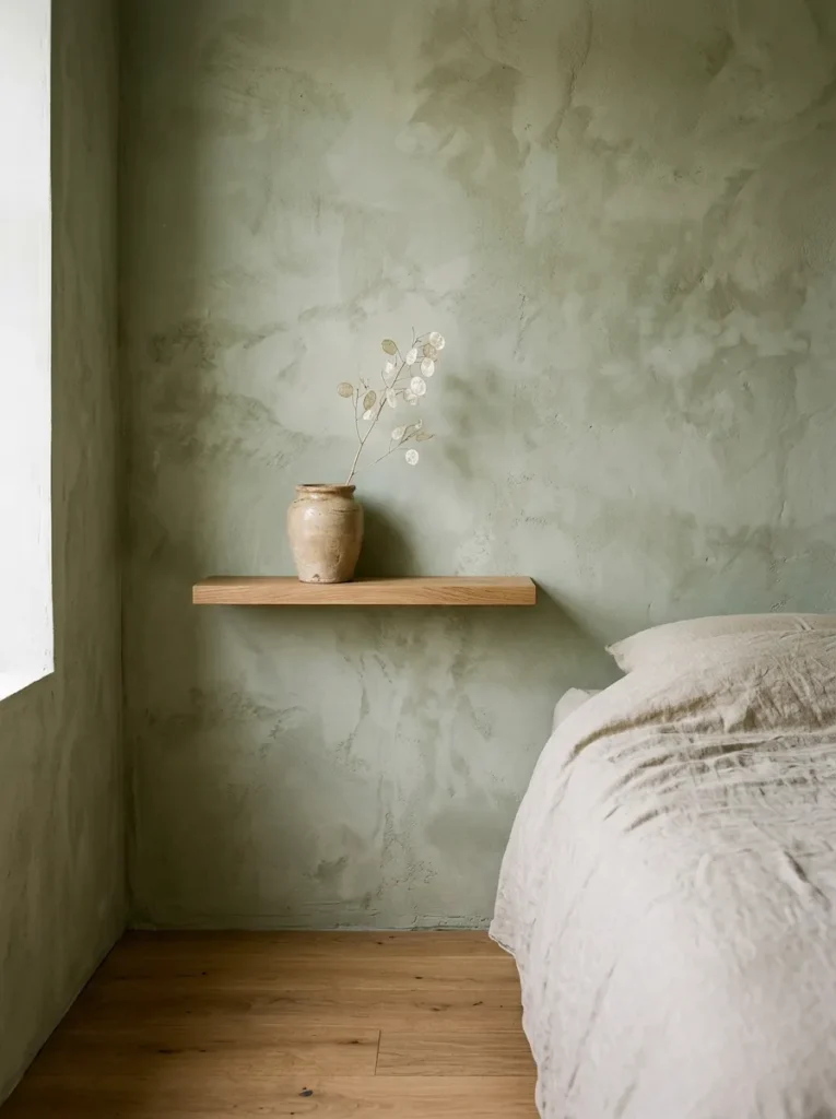 Limewash plaster wall in chalky sage with layered tonal texture, narrow oak shelf with ceramic pot, minimal bedroom corner
