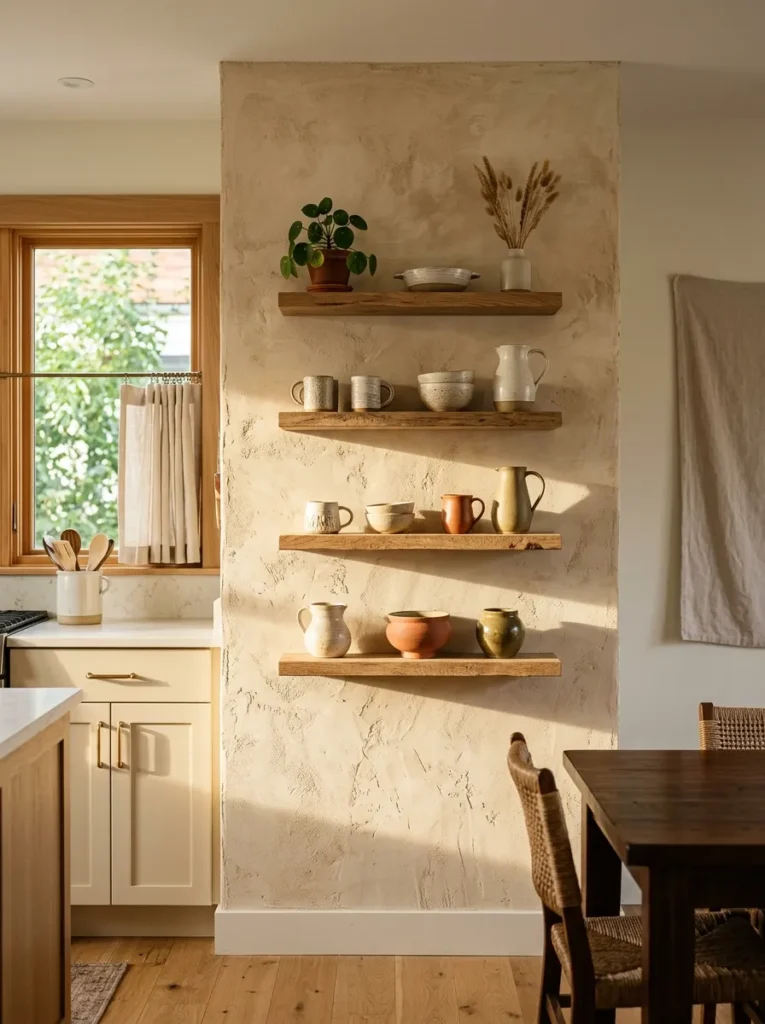 Warm sand limewash kitchen wall showing surface texture in directional afternoon light with open shelves