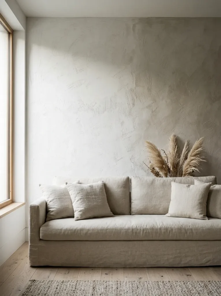 Limewash-painted white living room wall with visible tonal variation and texture, linen sofa, dried grass in ceramic vase
