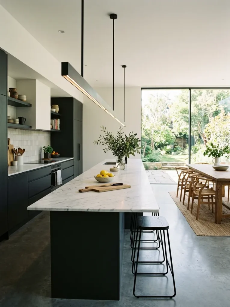 Long blackened steel linear suspension fixture above a narrow kitchen island with white marble top, viewed from the end of the island