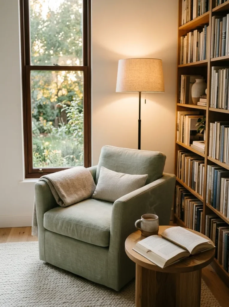 Pale sage linen armchair and linen-shade floor lamp in a white living room reading corner, with a small side table and books beside a tall window
