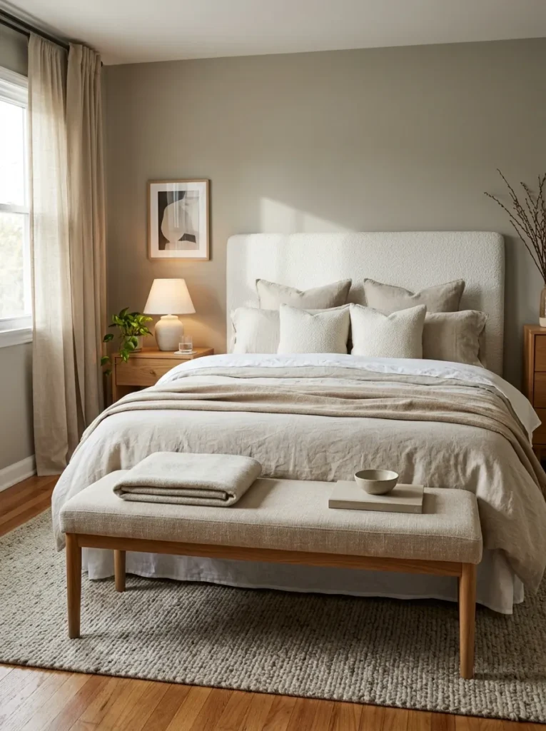 Natural linen bench at the foot of a bed, approximately two-thirds the bed width, viewed from the foot of the room looking toward the headboard
