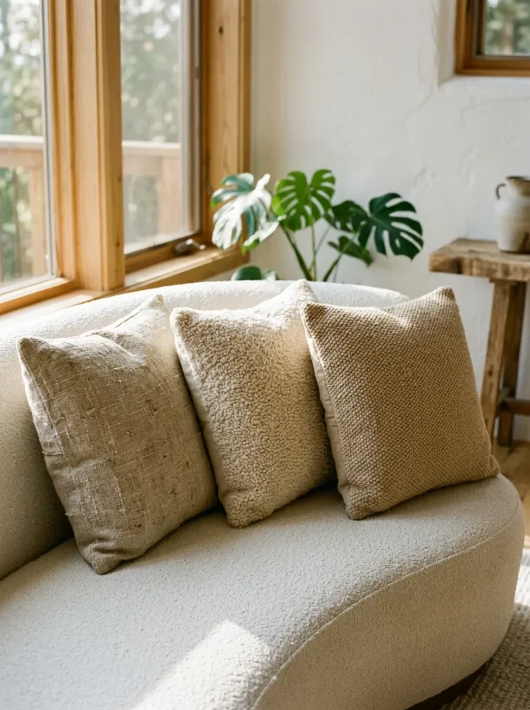 Three sofa cushions in warm neutral tones showing distinct textures — rough linen, bouclé, and nubby cotton — visible in raking afternoon light on a curved sofa