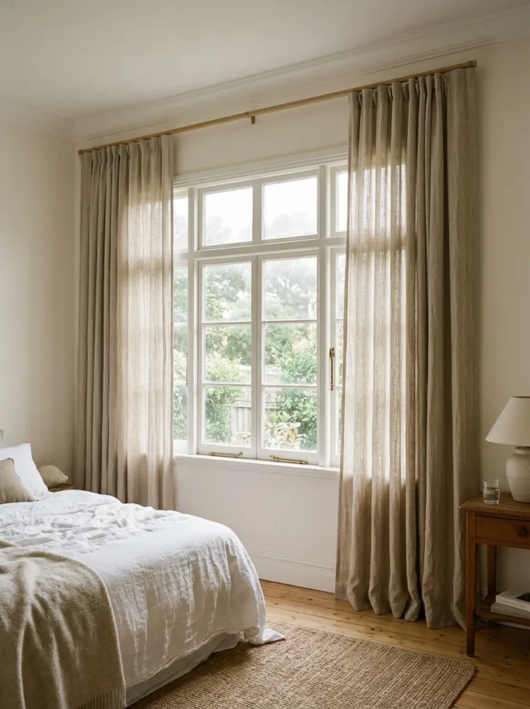 Undyed natural linen curtains spanning the full bedroom window wall from ceiling to floor, diffusing soft morning light through the fabric