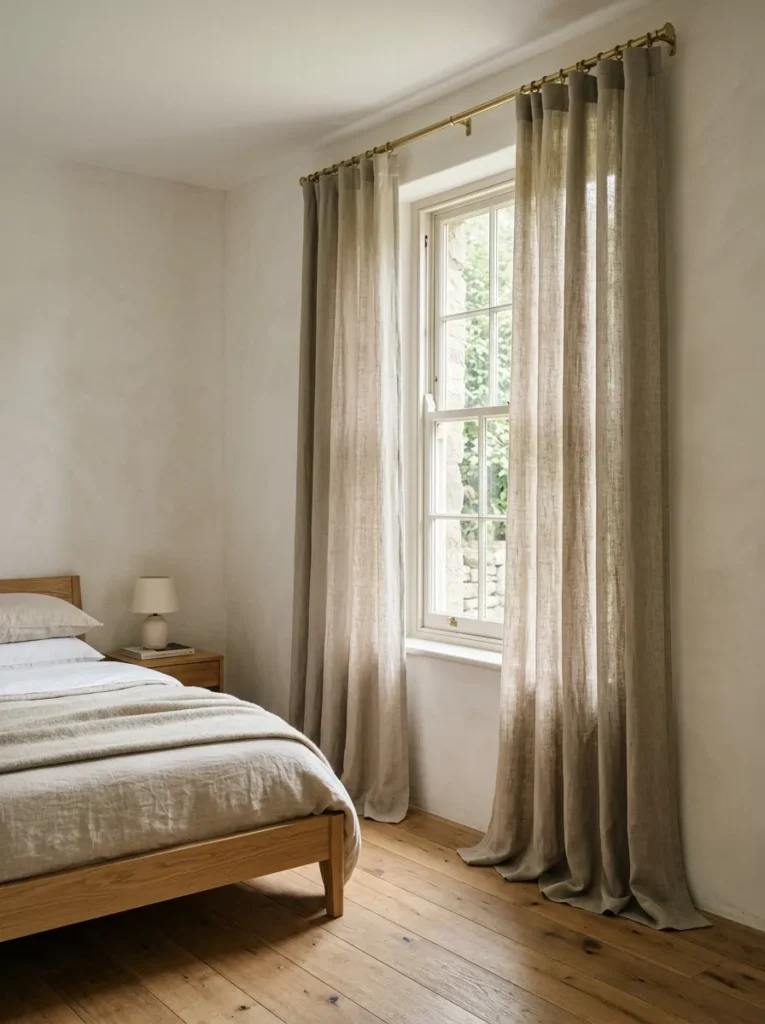 Warm greige linen curtains hung near the ceiling and pooling gently at the oak floor beside a tall bedroom window