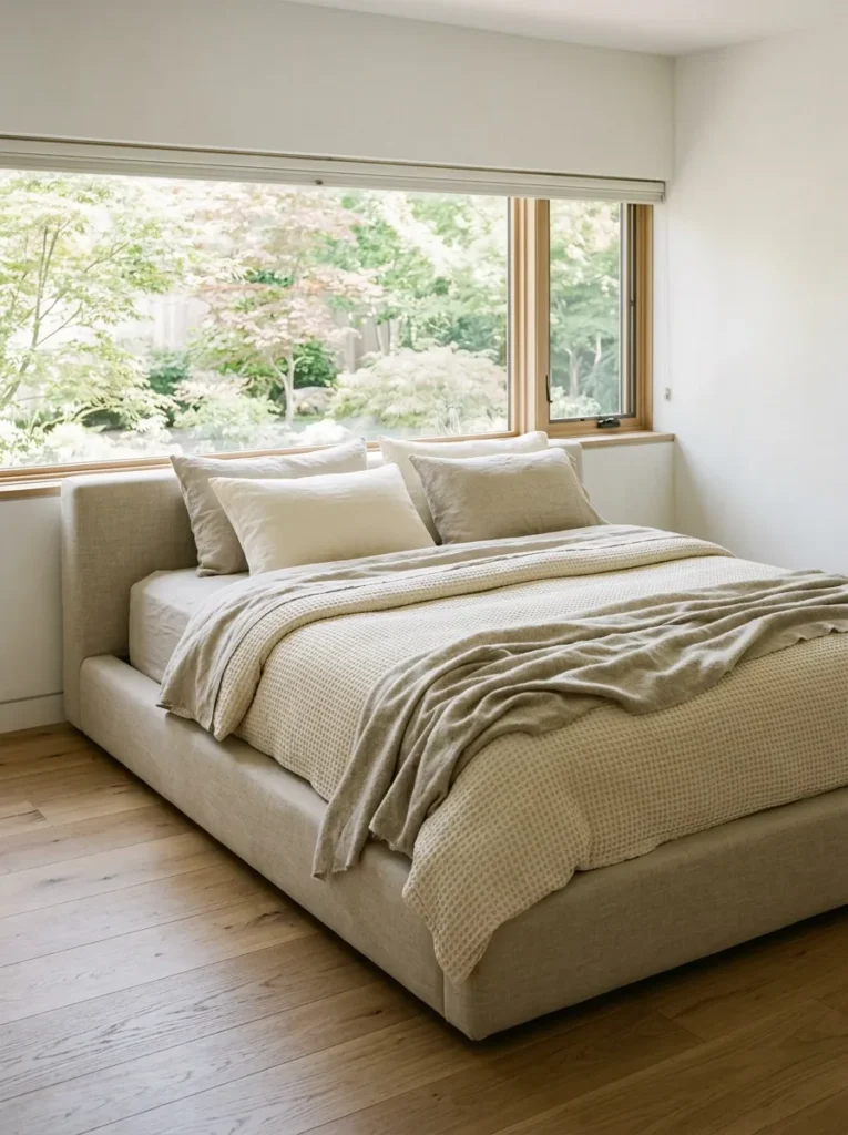  Low linen platform bed in oatmeal with layered organic bedding in a minimalist bedroom