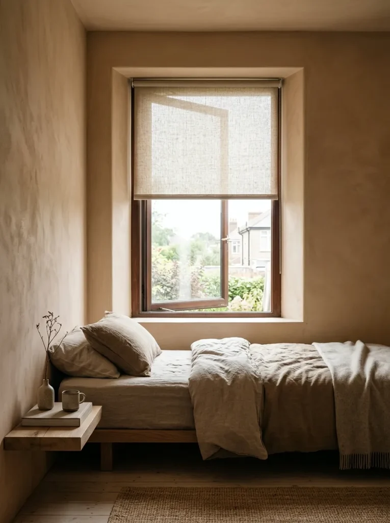 Natural linen roller blind sitting within a window recess in a small minimal bedroom, no curtain rod or brackets visible on the wall
