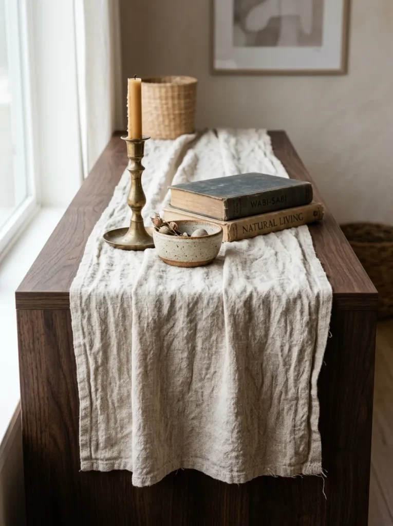 Loosely draped natural linen runner on a dark wood console table with a brass candlestick, ceramic, and stacked books
