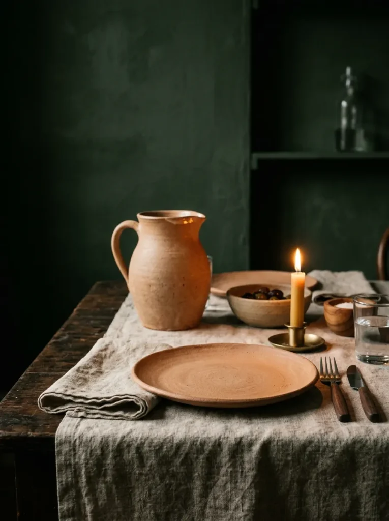 Dark dining table set with oatmeal linen cloth, matte terracotta ceramic plates, and a rough clay jug in candlelight against forest green walls
