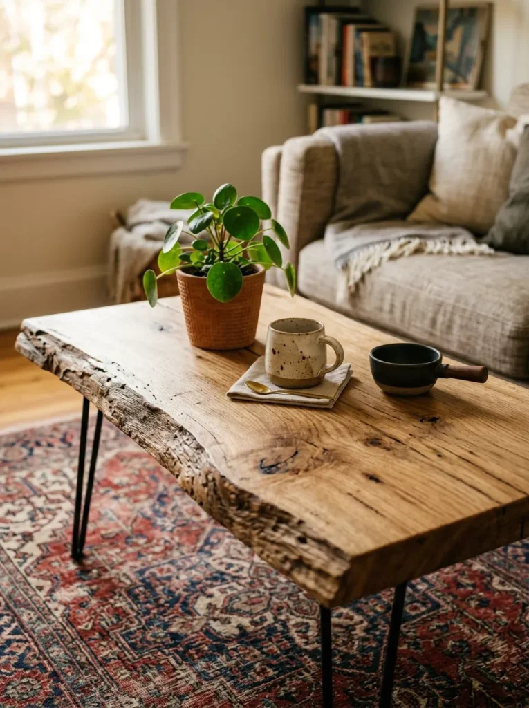 Live-edge reclaimed oak coffee table with hairpin legs, visible wood grain, and ceramics on a vintage rug