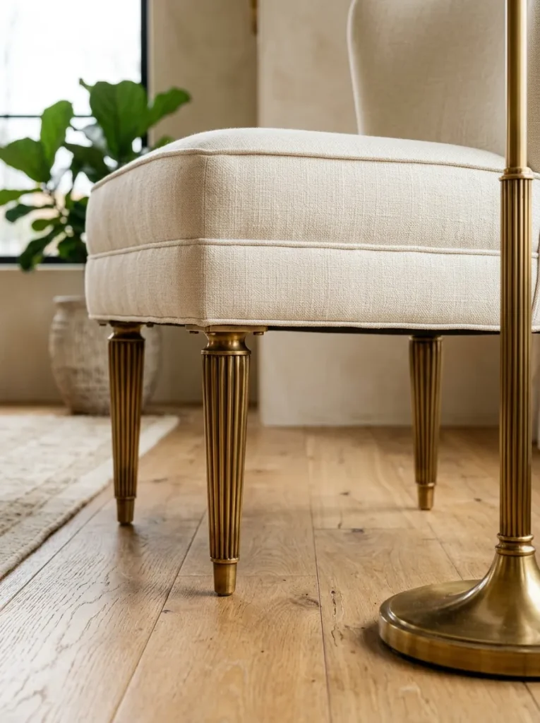 Close view of the lower half of a living room accent chair showing four fluted brass legs beneath an ivory linen seat cushion, with a brass floor lamp base visible at the frame edge showing the leg finish coordinating with the room's other hardware