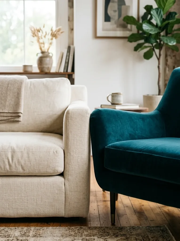 Living room showing the material contrast between a smooth cream linen sofa and a deep teal velvet accent chair side by side, with the different textures and tones clearly visible as a deliberate contrast pairing
