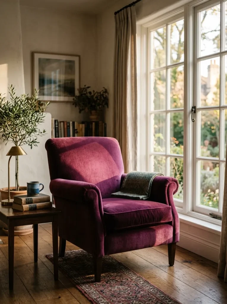Deep plum velvet accent chair positioned beside a living room window, with afternoon light falling directly on the chair and showing the velvet's tonal variation between the lit side and the shadowed arm