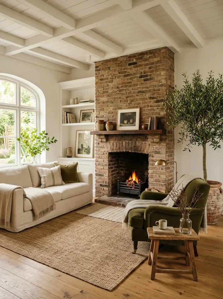 Asymmetric living room seating arrangement with a linen sofa, angled reading chair, and olive tree beside a brick fireplace
