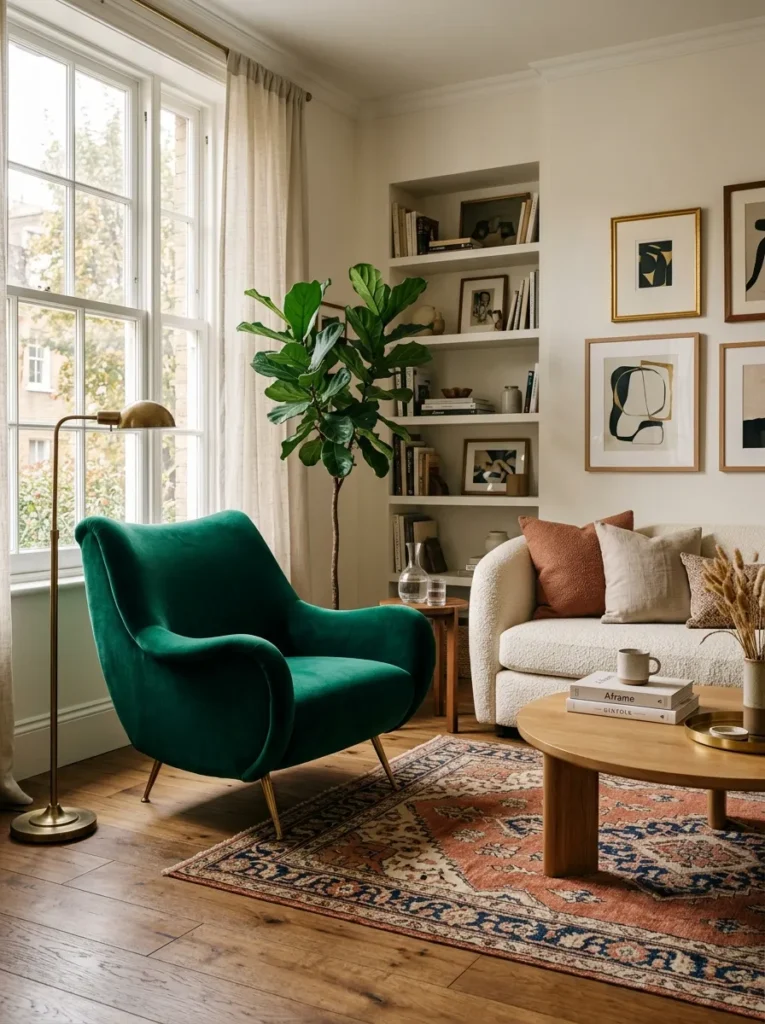 Emerald green velvet accent chair with a sculptural curved back and brass legs in a living room corner beside the window, surrounded by warm neutral furniture, reading as the room's most distinctive personality-defining furniture piece