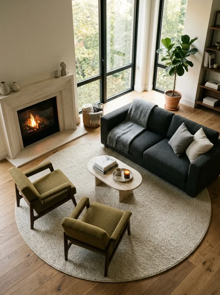 Charcoal bouclé sofa and low armchairs arranged close to a stone fireplace with a round wool rug