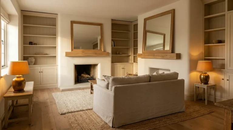 Living room with a white plaster fireplace surround, built-in shelving, linen sofa, and warm brass lamp lighting