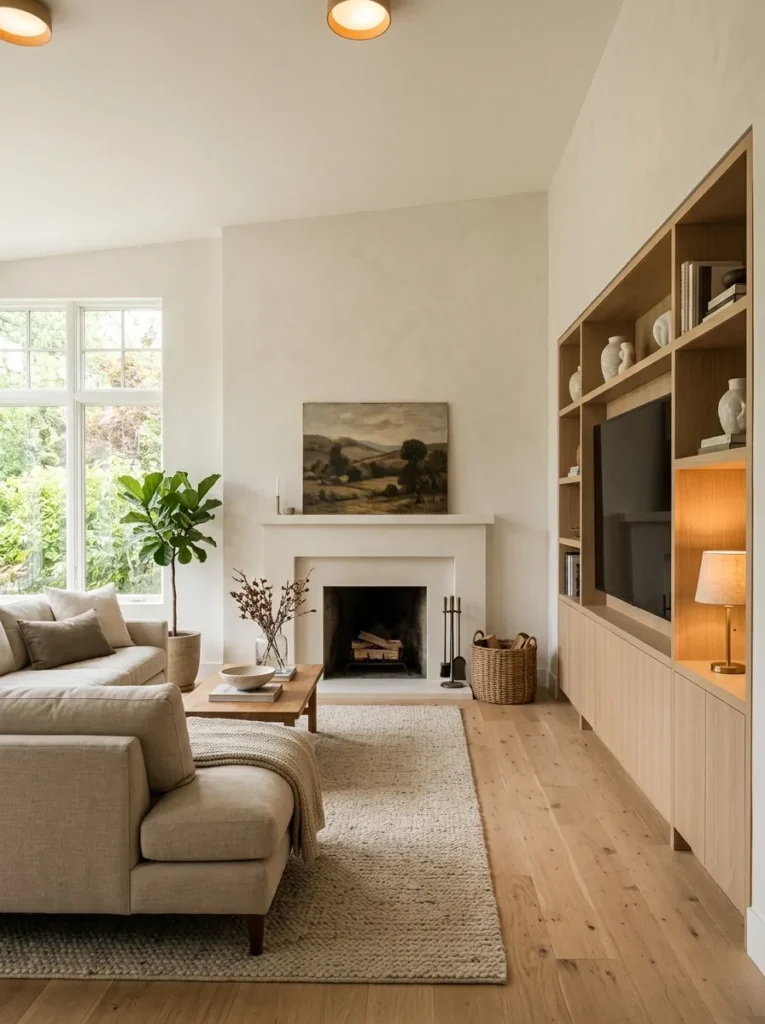 Living room with fireplace on the main wall and television recessed into a built-in cabinet on the perpendicular wall
